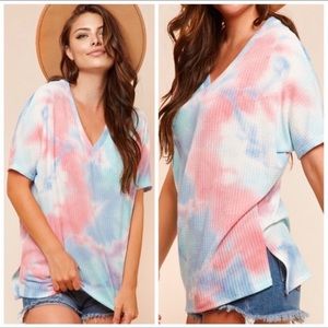 Waffle knit pastel tie-dye top